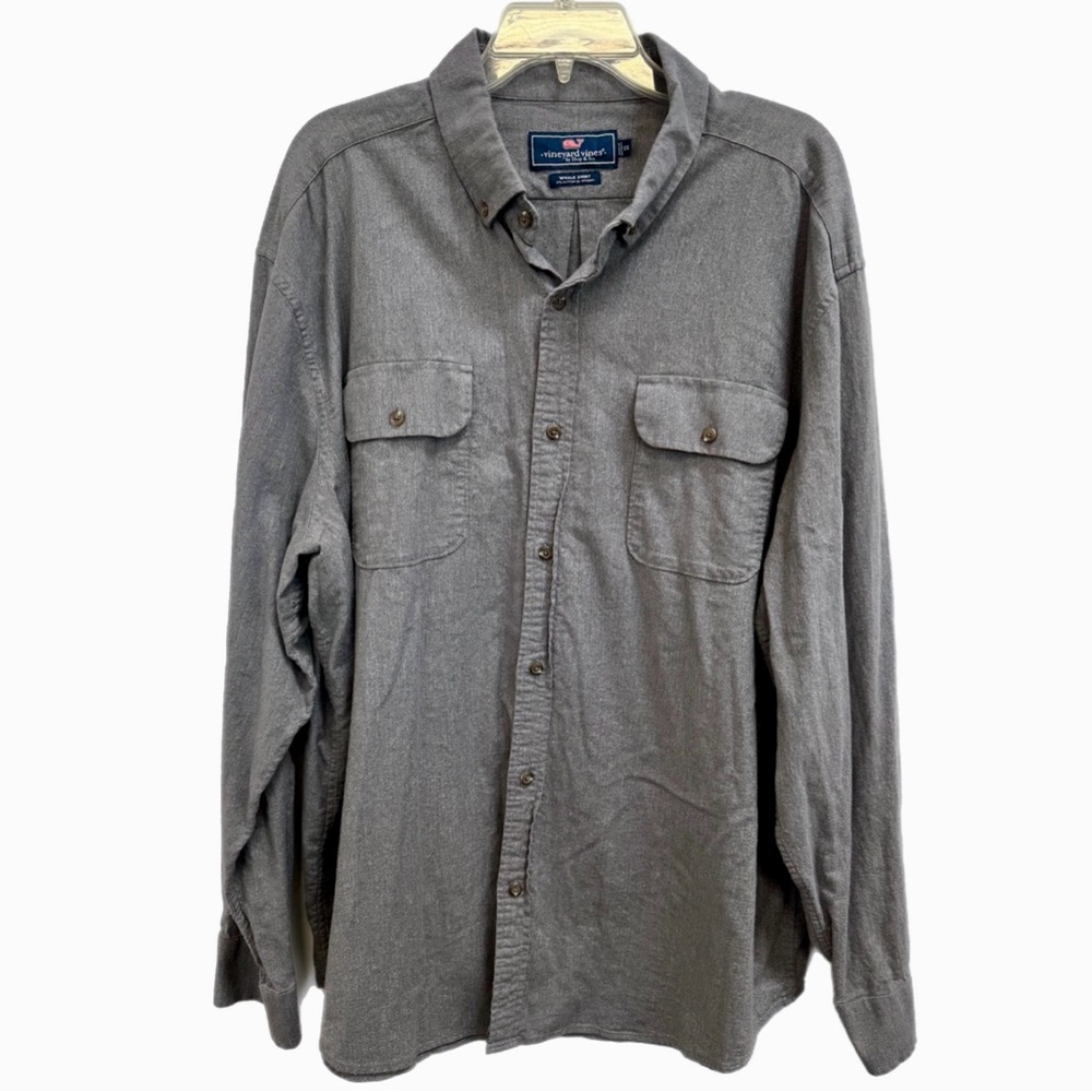 Vineyard Vines Men’s XXL Gray Flannel Shirt Brown Elbow Patches Whale